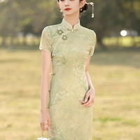 杜艳枝春夏旗袍复古民国风小清新高端气质年轻款古法少女绿色改良旗 浅绿色 M 90-100斤(1米6身高标准)