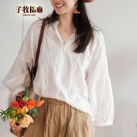 子牧棉麻2024秋装 女复古刺绣文艺百搭衬衫甜美休闲宽松显瘦上衣3056 白色 M(100-115斤)