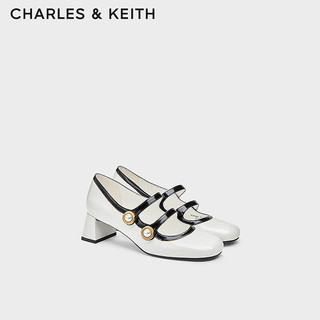 CHARLES&KEITH24秋法式拼色珍珠粗跟玛丽珍小香风高跟鞋女CK1-60280446 White白色 39