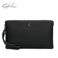 satchi沙驰手拿包男士真皮大气手抓包经典草沙多卡位手机位手挽包AU12637-3H 黑色