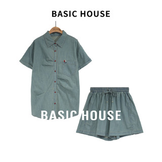 百家好（Basic House）牛仔时尚休闲复古潮流短袖短裤套装B0504B5T732 浅蓝色 S