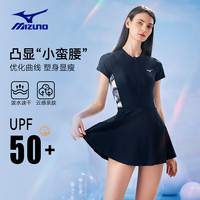 美津浓（MIZUNO）泳衣女连体裙摆短袖防晒抗氯遮肉显瘦保守大码温泉泳装A367黑L