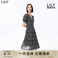 丽丽 LILY夏女装浪漫印花慵懒泡泡袖气质V领显瘦高腰款连衣裙 510黑 L