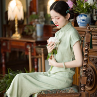 一城风絮若玉丨复古中式民国风年轻日常连肩袖短旗袍裙原创 灰豆绿色 S码