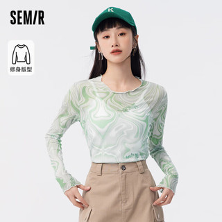 森马（Semir）长袖T恤女修身少女感薄款网眼木耳边衣服109323101001 绿色调00344 M