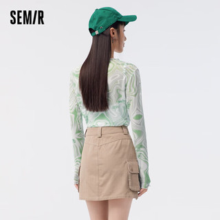 森马（Semir）长袖T恤女修身少女感薄款网眼木耳边衣服109323101001 绿色调00344 M