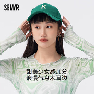 森马（Semir）长袖T恤女修身少女感薄款网眼木耳边衣服109323101001 绿色调00344 M