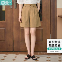 茵曼（INMAN）设计感高腰短裤橡筋松紧腰遮胯直筒休闲裤女18332|099 卡其色