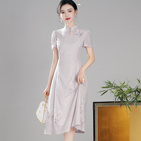 秀觀唐紫苑2024夏装高弹力针织印花改良日常中国风旗袍连衣裙 紫色 XL