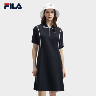 FILA 斐乐女子针织连衣裙2024秋季时尚休闲POLO领连身裙 传奇蓝-NV M