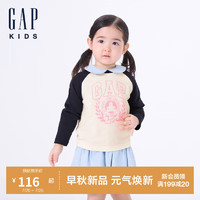 GAP女童2024初秋纯棉印花撞色插肩长袖T恤儿童装上衣617596 蓝白拼接 100cm(2-3岁) 亚洲尺码