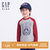 GAP男童2024初秋logo印花撞色插肩袖针织长袖T恤儿童装641773 灰红拼接 160cm(14-15岁) 亚洲尺码