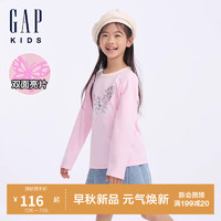 GAP女童2024初秋花边领蝴蝶翻转亮片长袖T恤儿童装上衣617338 粉色 160cm(14-15岁) 亚洲尺码