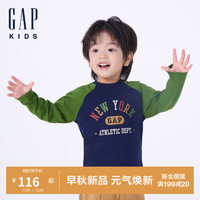 GAP男童2024初秋logo印花撞色插肩袖针织长袖T恤儿童装641773 蓝绿拼接 150cm(12-13岁) 亚洲尺码