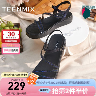 TEENMIX 天美意 女鞋凉鞋女条带坡跟闪钻罗马夏季CTF14BL3 蓝色 35