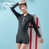 李宁（LI-NING）泳衣女连体长袖防晒保守显瘦舒适抗氯运动训练游泳衣018 黑灰XL