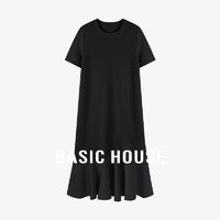 百家好（Basic House）纯色百搭夏季休闲优雅气质感短袖连衣长裙B0624A5Z472 黑色 S