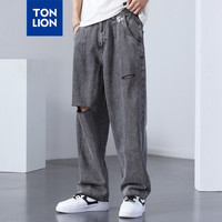 唐狮 TONLION【TJ】秋季新款潮流男式牛仔裤时尚破洞宽松直筒舒适长裤 黑灰色