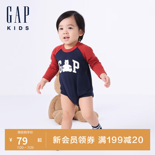 GAP婴儿2024初秋纯棉小熊撞色长袖连体衣儿童装爬服642922 蓝红拼接 66cm(3-6月) 亚洲尺码