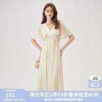 范思蓝恩 夏季法式V领赫本风气质连衣裙女夏季2024短袖收腰显瘦裙子 浅卡其 XS