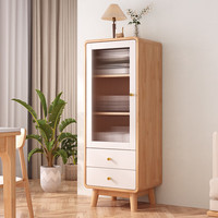 雅客集餐边柜实木储物柜一体靠墙柜子客厅收纳置物柜厨房备餐柜家用边柜 原木色+白色【高柜50*40*130cm】