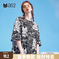 a02夏季甜酷猫咪印花短袖上衣宽松潮牌时尚设计感五分袖圆领T恤女 黑色 S
