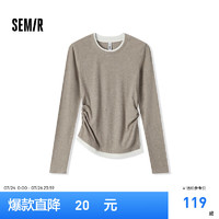 森马（Semir）长袖T恤女收腰假两件不规则2024新款紧身开叉秋装 咖花灰01110 S 155/80A