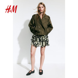 H&M2024秋季女装时尚休闲短风衣1250175 深卡其绿 155/80