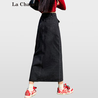 La Chapelle拉夏贝尔高腰纯色牛仔半身裙女2024夏季新款中长款a字开叉显瘦裙子 灰黑色 XS
