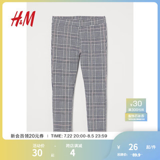 H&M童装女童裤子早春时尚洋气黑色厚汗布九分打底长裤0875892 自然白/千鸟格 150/66