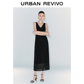 URBAN REVIVO 女士轻熟魅力朦胧网纱褶皱修身连衣裙 UWG740192 正黑 L