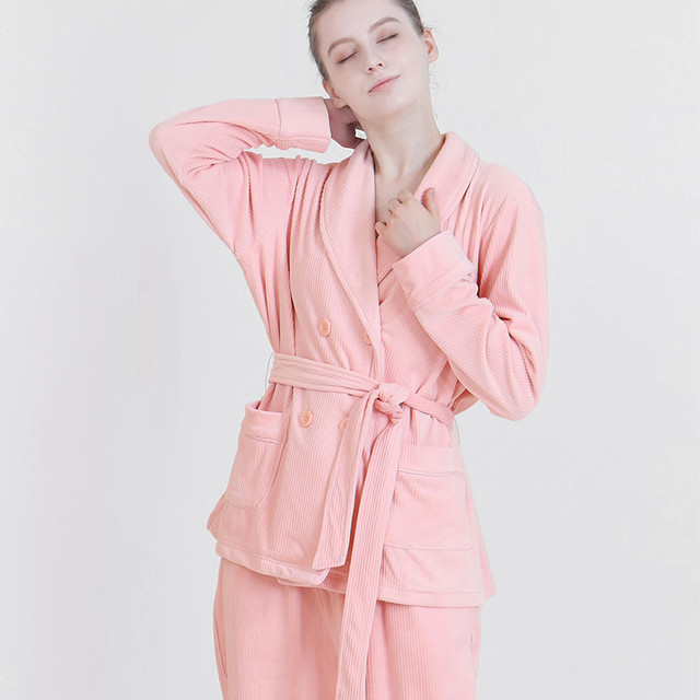 i－mummy imummy女睡衣海岛绒家居服收腰长袖春秋款家居服套装抗静电珊瑚绒