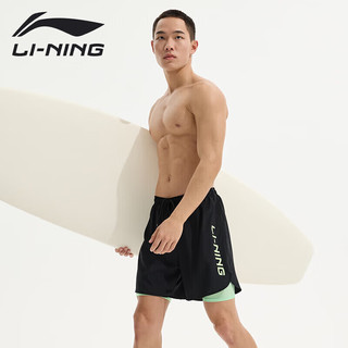 李宁（LI-NING）泳裤男士运动速干防尴尬五分双层防走光海边度假沙滩裤814黑色