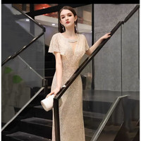 家隆名秀鱼尾晚礼服裙女宴会气质主持人感轻奢小众高端香槟色 金色 XL