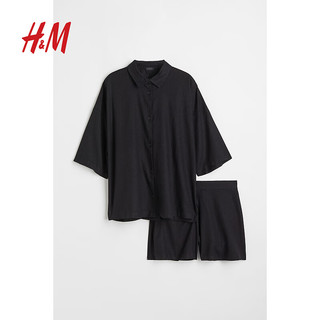 H&M夏季女士家居服睡衣套装宽松七分袖开衩睡衣0742967 黑色 160/80