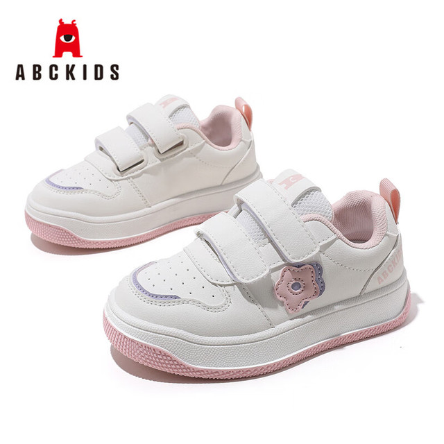 ABC童鞋 ABC KIDS童鞋儿童运动鞋2024秋季季时尚甜美透气女童旋钮扣网布板鞋 白粉