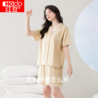 红豆（hongdou）睡衣女夏纯棉短袖家居服女士经典翻领开衫套装C3-60奶昔黄160