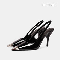 H.L.TINO 2024朴彩英高跟鞋黑色漆皮细跟金属方头单鞋子后空包头凉鞋女