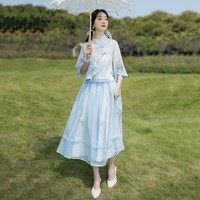 妖妮旗袍汉服女成人年轻日常2024新中式国风雪纺印花水墨画两件套1053 浅蓝色两件套 XXL(体重125-140斤）