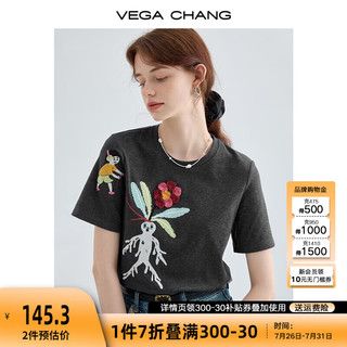 VEGA CHANG短袖T恤女2024年夏卡通童趣减龄刺绣宽松圆领设计感正肩上衣 暗夜灰 M