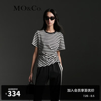 MO&Co.中式盘扣抽绳捏褶收腰黑白条纹圆领短袖纯棉T恤上衣上装 黑白条色-第1批 XS/155