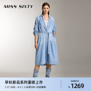 MISS SIXTY2024秋季含天丝牛仔连衣裙女法式翻领气质收腰长裙 浅蓝 XS