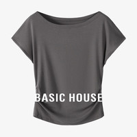 Basic House/百家好纯色百搭夏季新款休闲收腰显瘦圆领短袖T恤女 灰 S