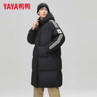 鸭鸭（YAYA）羽绒服男中长款2024年冬季时尚潮流条纹连帽加厚保暖外套XB 黑色 155/80A(S)