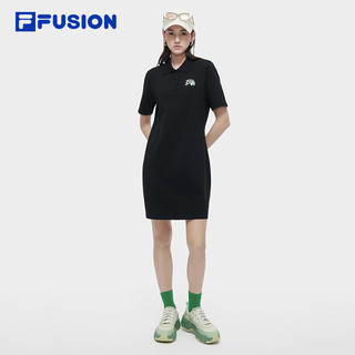 FILA FUSION斐乐潮牌女子针织连衣裙2024夏季时尚休闲翻领裙 正黑色-BK 165/84A/M