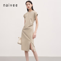 纳薇(naivee)纳薇23春季高级设计感解构飞袖腰部皱褶知性修身连衣裙 卡其 备用 170/92A