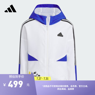 adidas奶龙联名梭织休闲连帽夹克外套男小童儿童秋季阿迪达斯 白/亮蓝 104CM