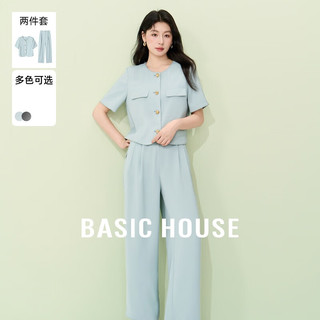 百家好（Basic House）Basic House/百家好夏日纯色休闲气质感短袖衬衫高腰直筒裤两件 蓝色 S