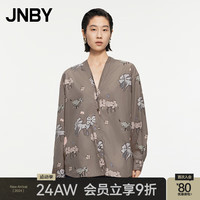 JNBY江南布衣24秋衬衣纯棉中式趣味花草宽松V领长袖5O7215850 077/杂灰咖 M