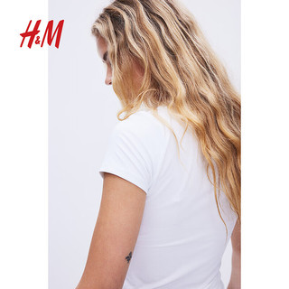 H&M2024夏季女装弹力汗布修身T恤1246941 白色 155/76 XXS